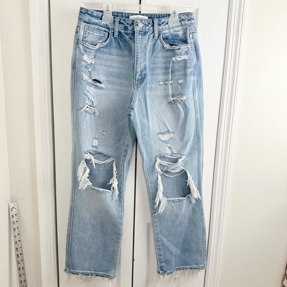 Flying Monkey Ultra High Rise Straight Jeans 28 Light Blue Distressed Y2K Grunge
